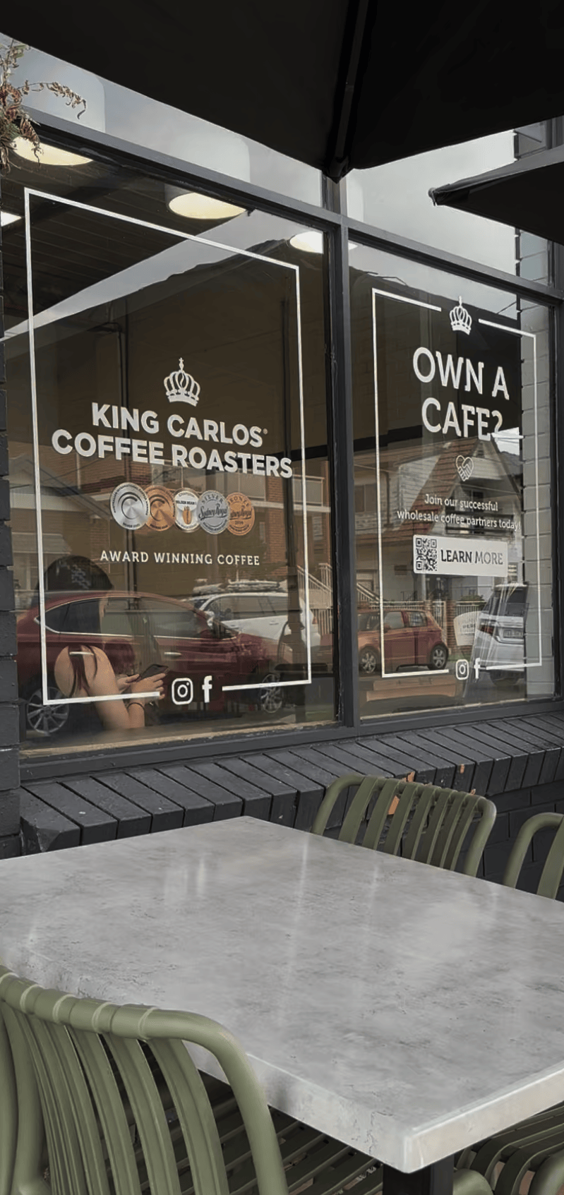 King Carlos Coffee Roasters shopfront and outdoor seating at 18 Weston Road, Hurstville