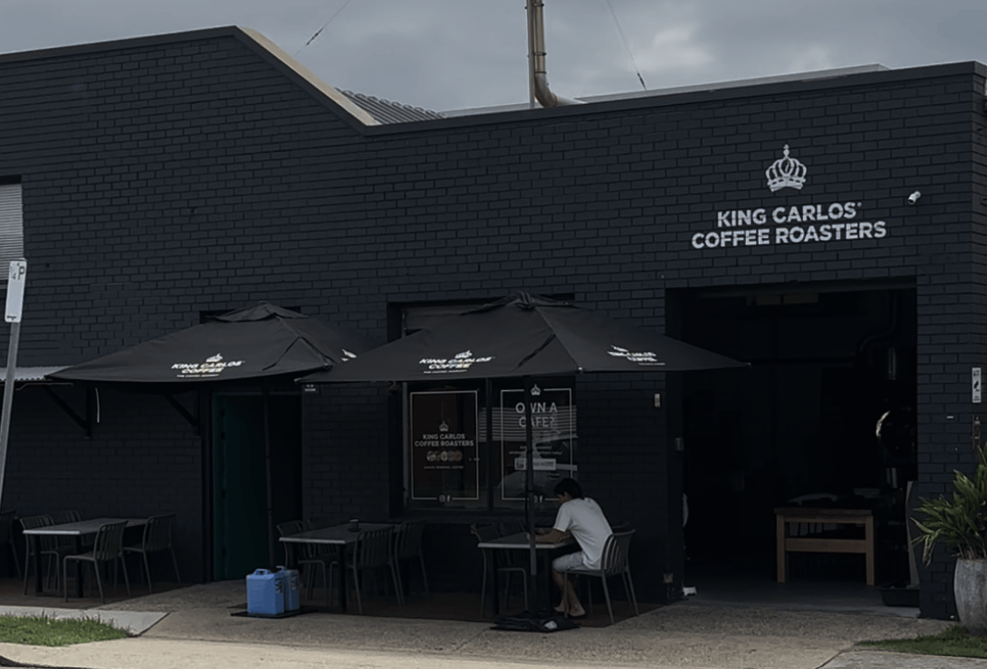 King Carlos Coffee Roasters shopfront and outdoor seating at 18 Weston Road, Hurstville