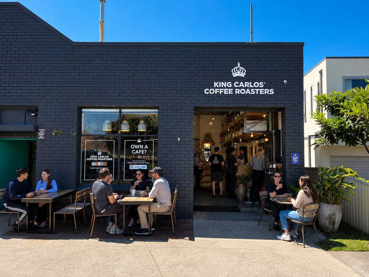 King Carlos Coffee Roasters shopfront and outdoor seating at 18 Weston Road, Hurstville